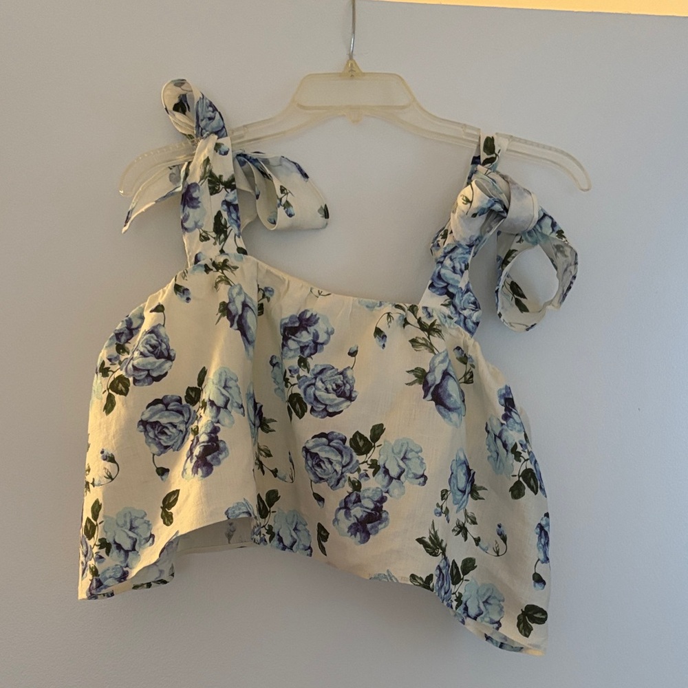 The Kooples Floral Linen Flounce Tank Top